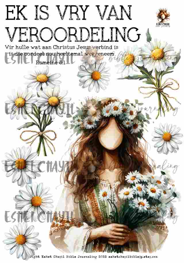 #BEVESTIGING 6 - Ek is vry van veroordeling – Romeine 8:1  - Bible Journaling Printable