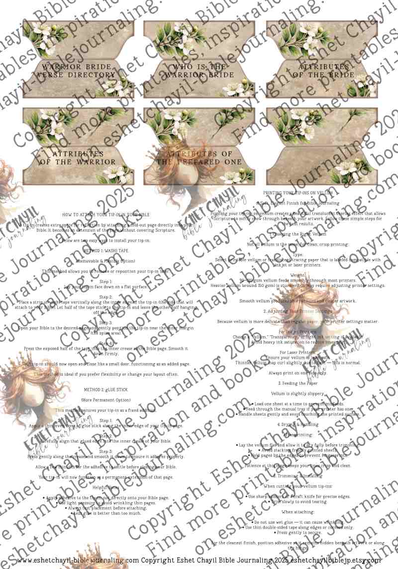 Warrior Bride Christian Printable –  Onyx Edition – Bible Journaling Tip Ins and Tabs – Christian Woman Art – Spiritual Warfare Decor (Copy)