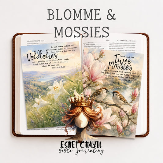 Blomme en Mossies – Bybel Joernaal Inplakbladsye en Oordenkings Kaarte